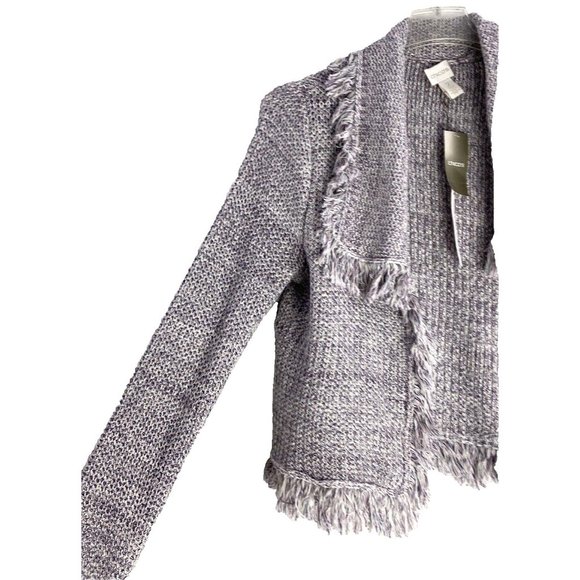 Chico's Freida Fringe Open Knit Cardigan Sweater Lavender Silver Metallic $109 - Picture 3 of 13